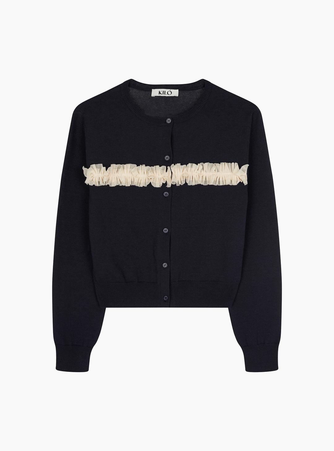 RUFFLE LINED CARDIGAN (NAVY)