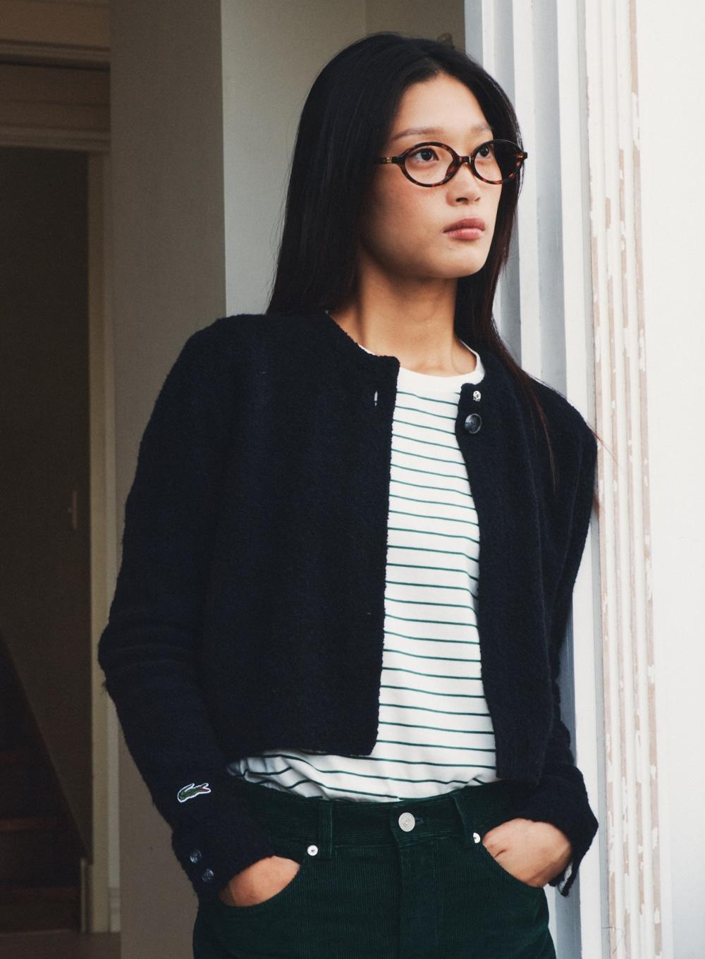 (W) Lacoste X Satur Single Button Crop Knit Cardigan - Black