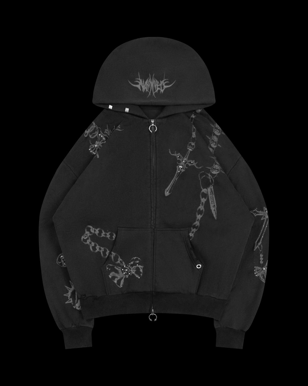 DESTROY STUDDED ZIP HOODIE BLACK VINTAGE WASH - XS