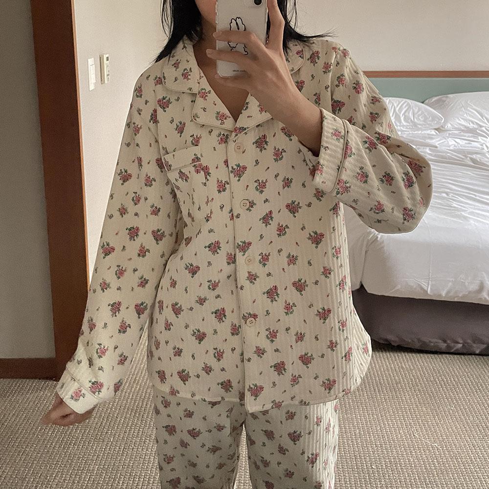 핑크 플라워 누빔 겨울 잠옷 세트 수면 투피스 파자마