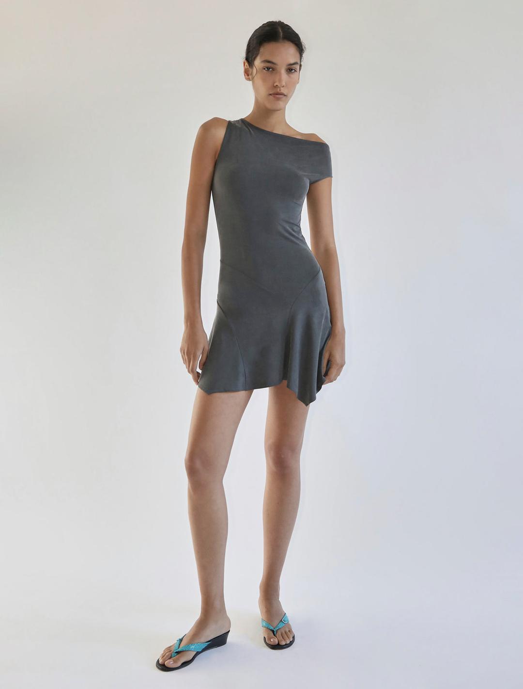 MINI YAUSI-Grey fitted, mini dress with asymmetric shoulders and flared bottom