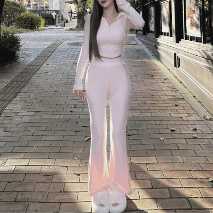 멜블랑 키작녀츄리닝 반집업 크롭 후드 밴딩 부츠컷 트레이닝세트 트레이닝복세트 츄리닝세트 셋업