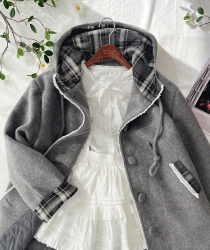 이네 체크 그레이 후드 모직 코트