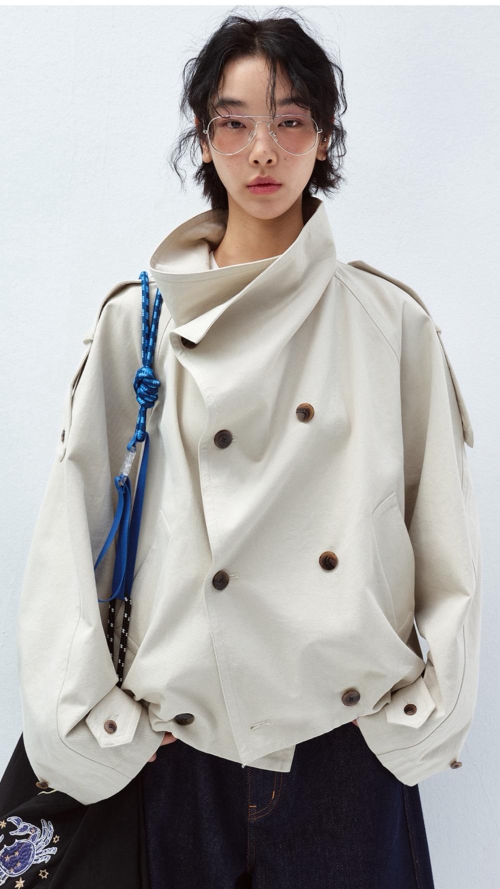 HELLO SEPTEMBER 터틀넥 더블 브레스트 긴팔 튤립 스타일 트렌치 코트