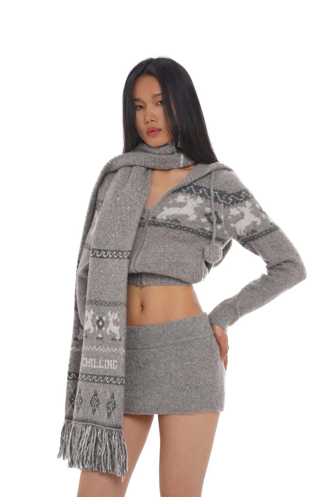 FROSTY REINDEER HOODED KNITWEAR & WOOL-BLEND MINI SKIRT & SCARF - KNITWEAR / Gray / XS