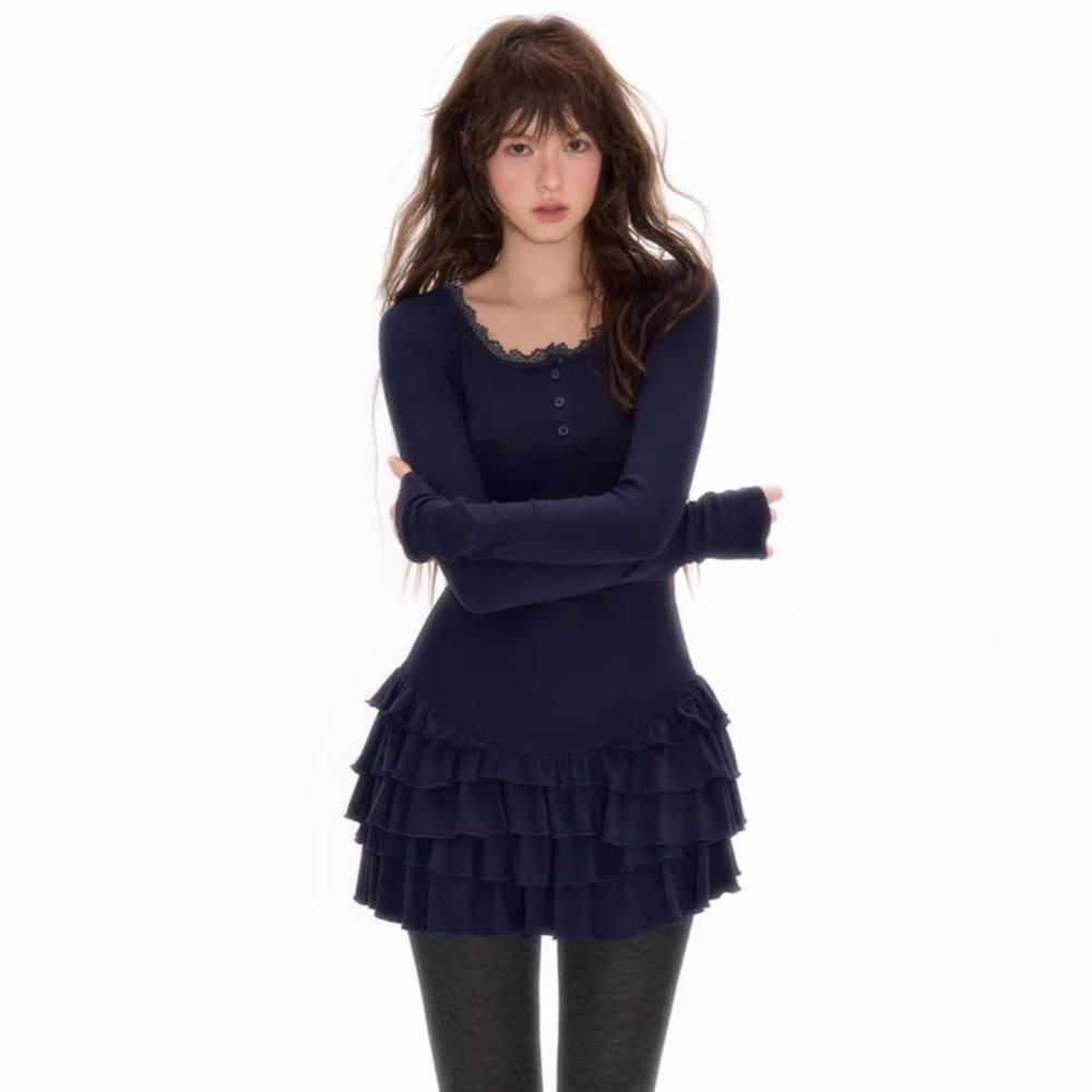 NECY STUDIO 원피스 슬림핏 러플원피스 긴팔 패치워크 캉캉 스커트 레이어드 원피스