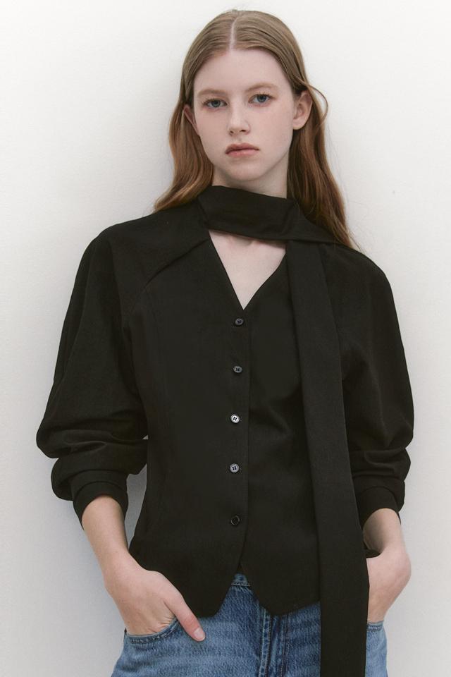 Raglan Sleeve Tie Neck Blouse BLACK [GBW7BL53BK]