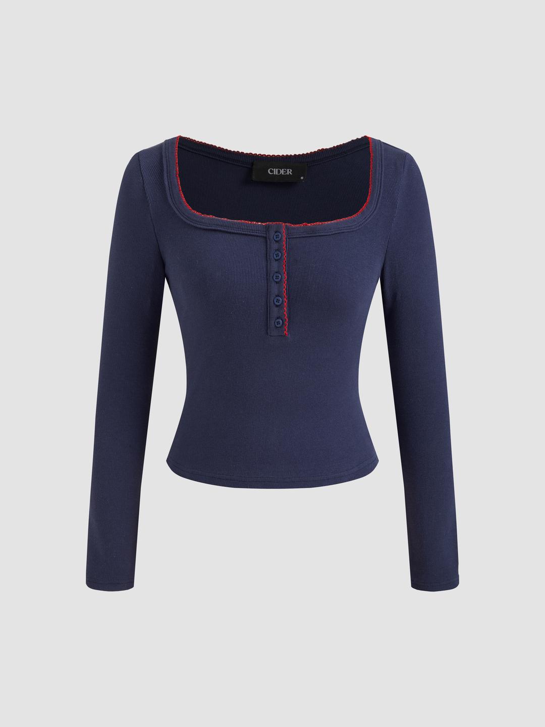 Cotton-blend Square Neck Solid Contrasting Binding Long Sleeve Crop Tee