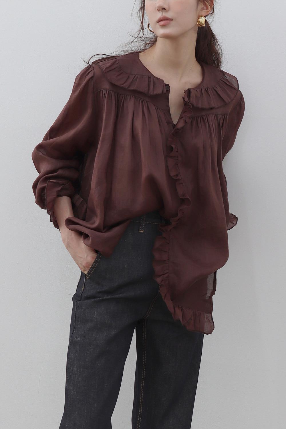 모카 프릴 셔링 블라우스