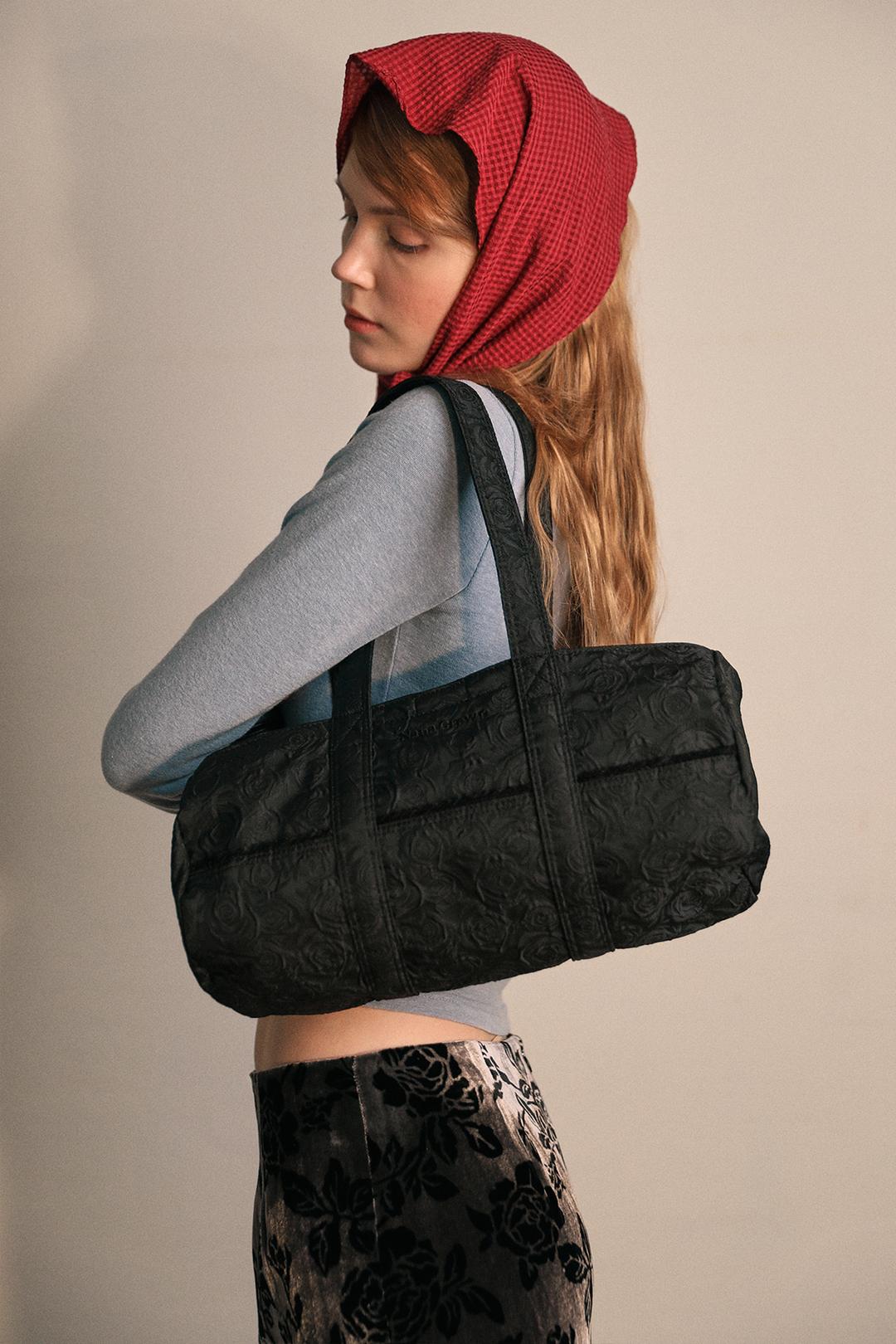 ROSE JACQUARD MINI DUFFLE BAG - BLACK SATIN