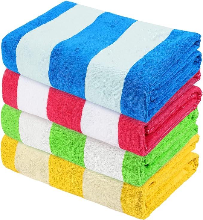 Exclusivo Mezcla 4 Pack Large Cabana Stripe Beach Towels, Lightweight Soft Microfiber Beach Towel, Highly Absorbent Travel Pool Towel for Kids and Adults (30"x60", Blue/Green/Yellow/Pink)