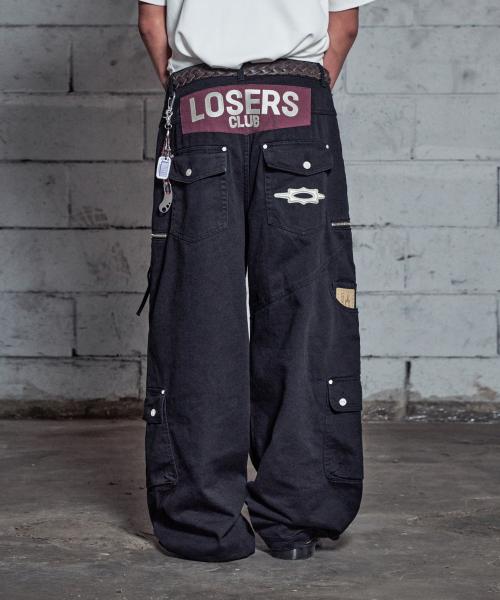 바이커 카고 포켓 와이드 면팬츠 블랙