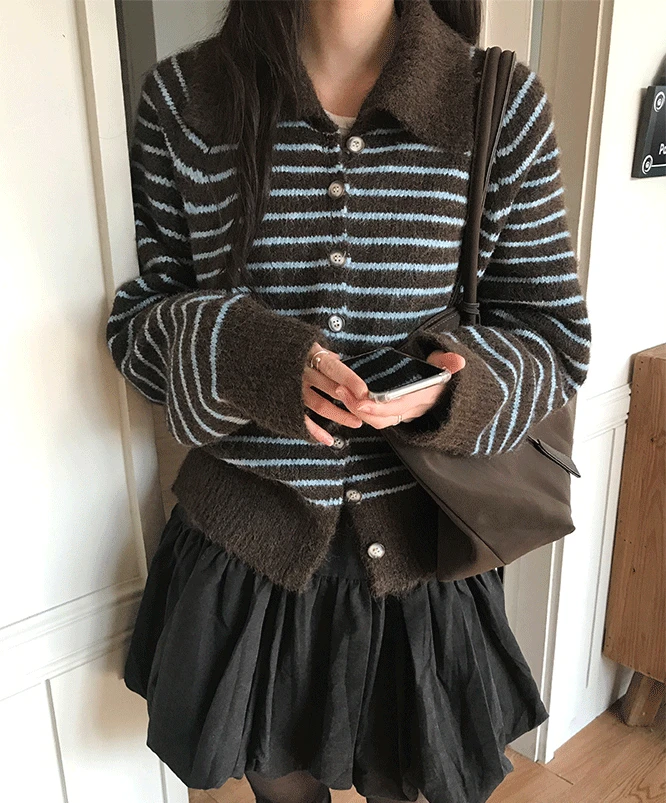 [⛄겨울신상] 센토 스트라이프 카라 가디건 (3color) 단가라/줄무늬가디건/여리핏/가디건/레이어드가디건/데이트룩