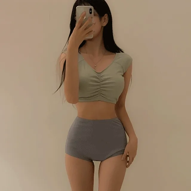 유교걸 배색 셔링 브이 라인 하이웨스트 비키니 반팔 오프숄더