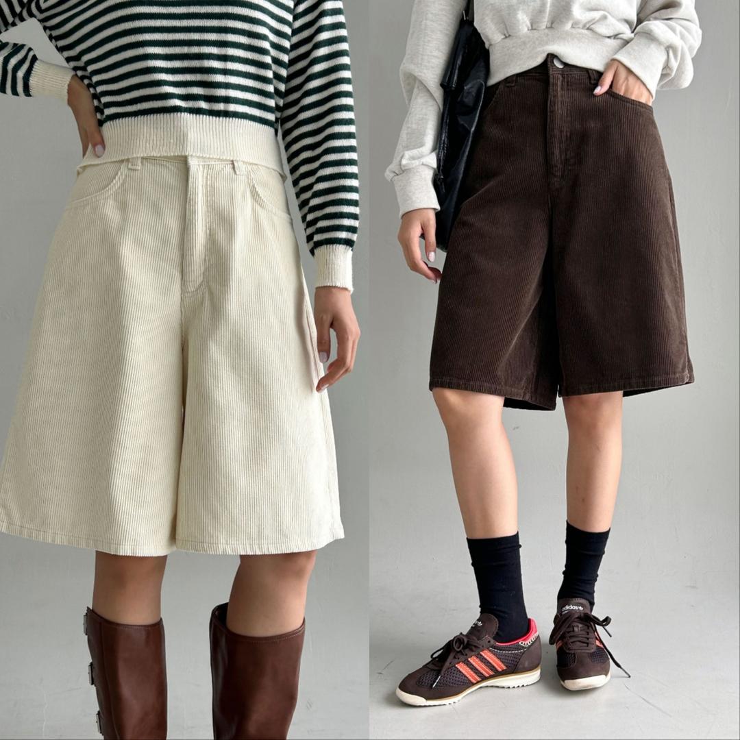 아우라 골덴 버뮤다팬츠 여성 뒷밴딩 5부 6부 코듀로이반바지 리오 하이웨스트 가을 겨울반바지