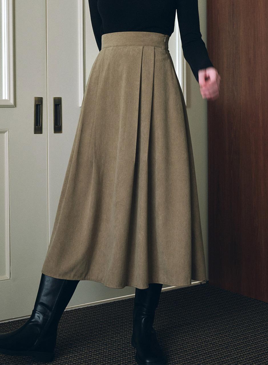 마일드 코듀로이 핀턱 스커트 - 카키 베이지