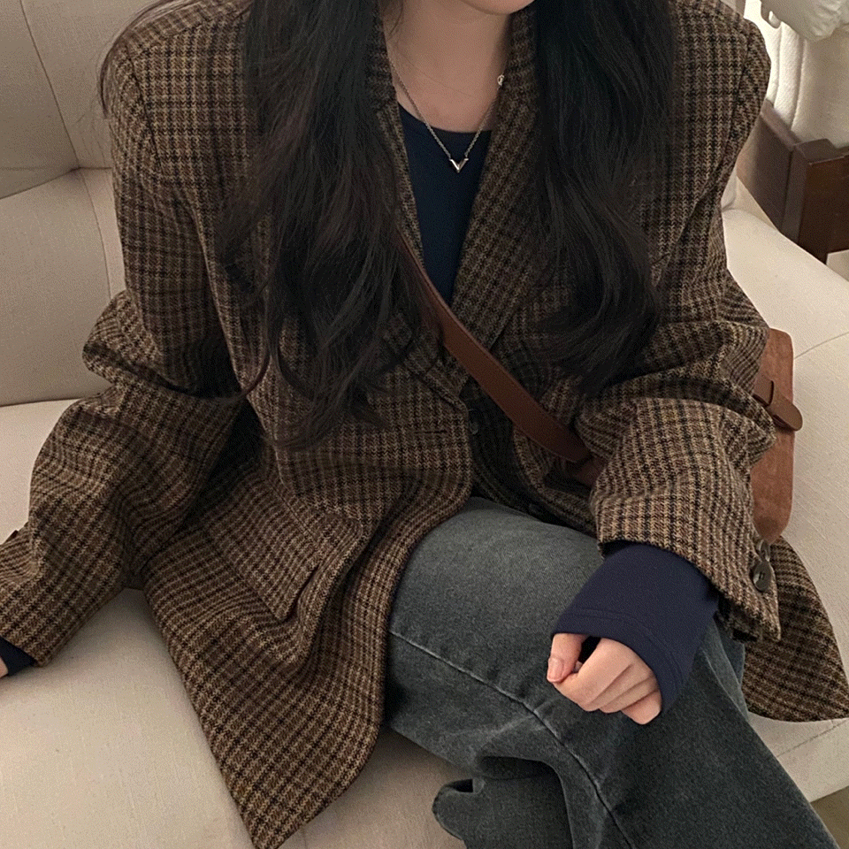 [문의폭주] 브라운 르누아쥬 오버핏 체크 자켓 - jk