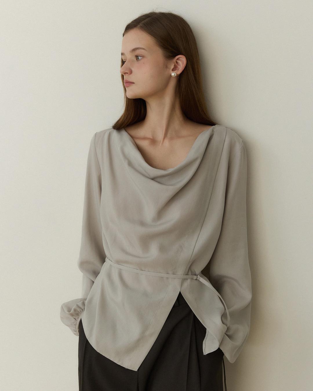 [2/10 예약배송] Drape neck belted blouse - light grey