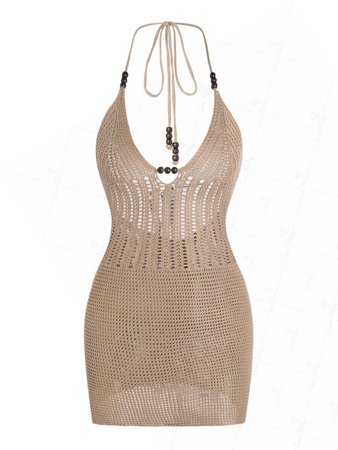 Crochet Openwork Beading Halter Open Back Beach Cover Up Dress