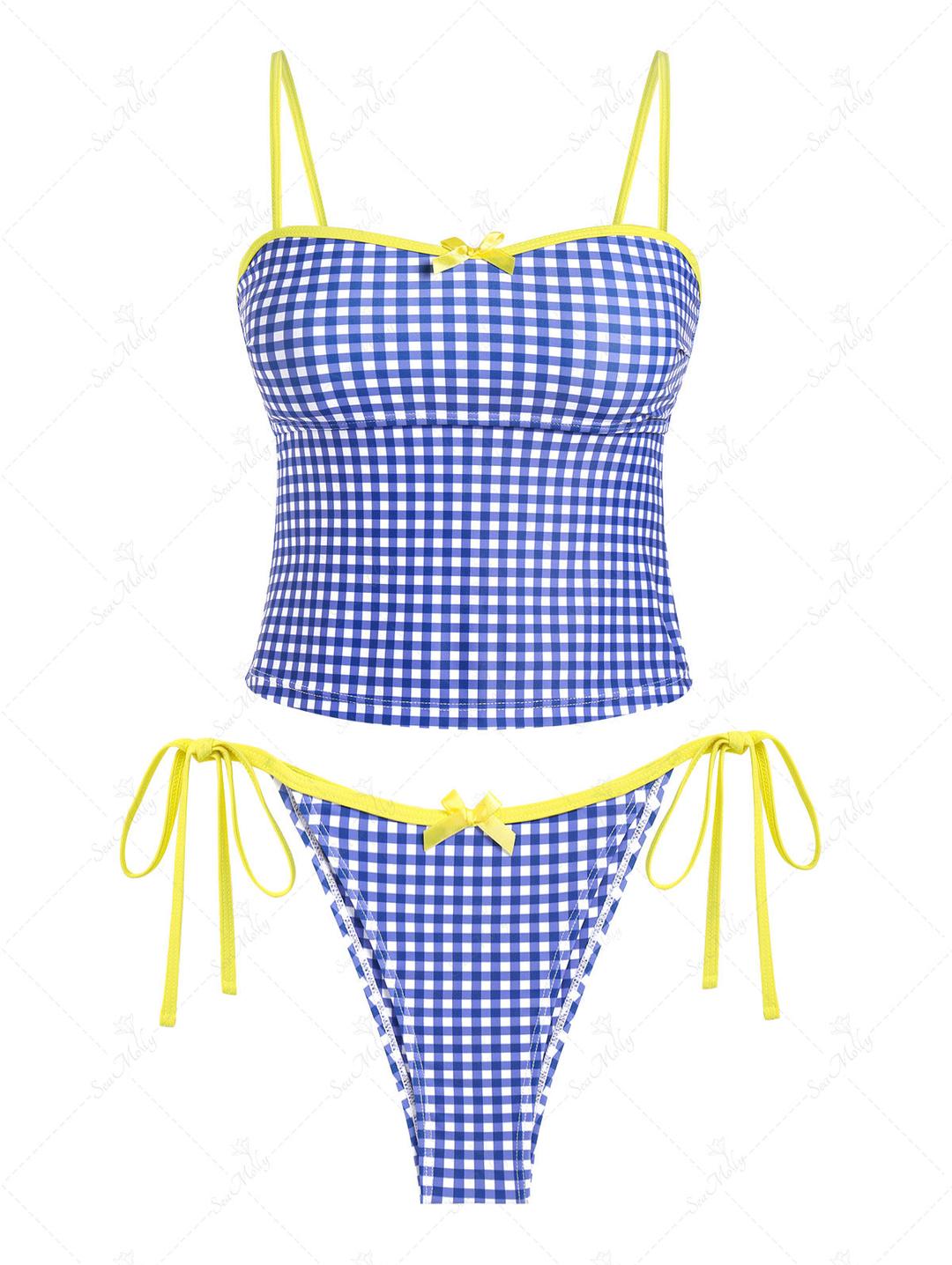 Seamolly Vintage Blue Gingham Cinched Back Bow Decor Tie Side Tankini Set