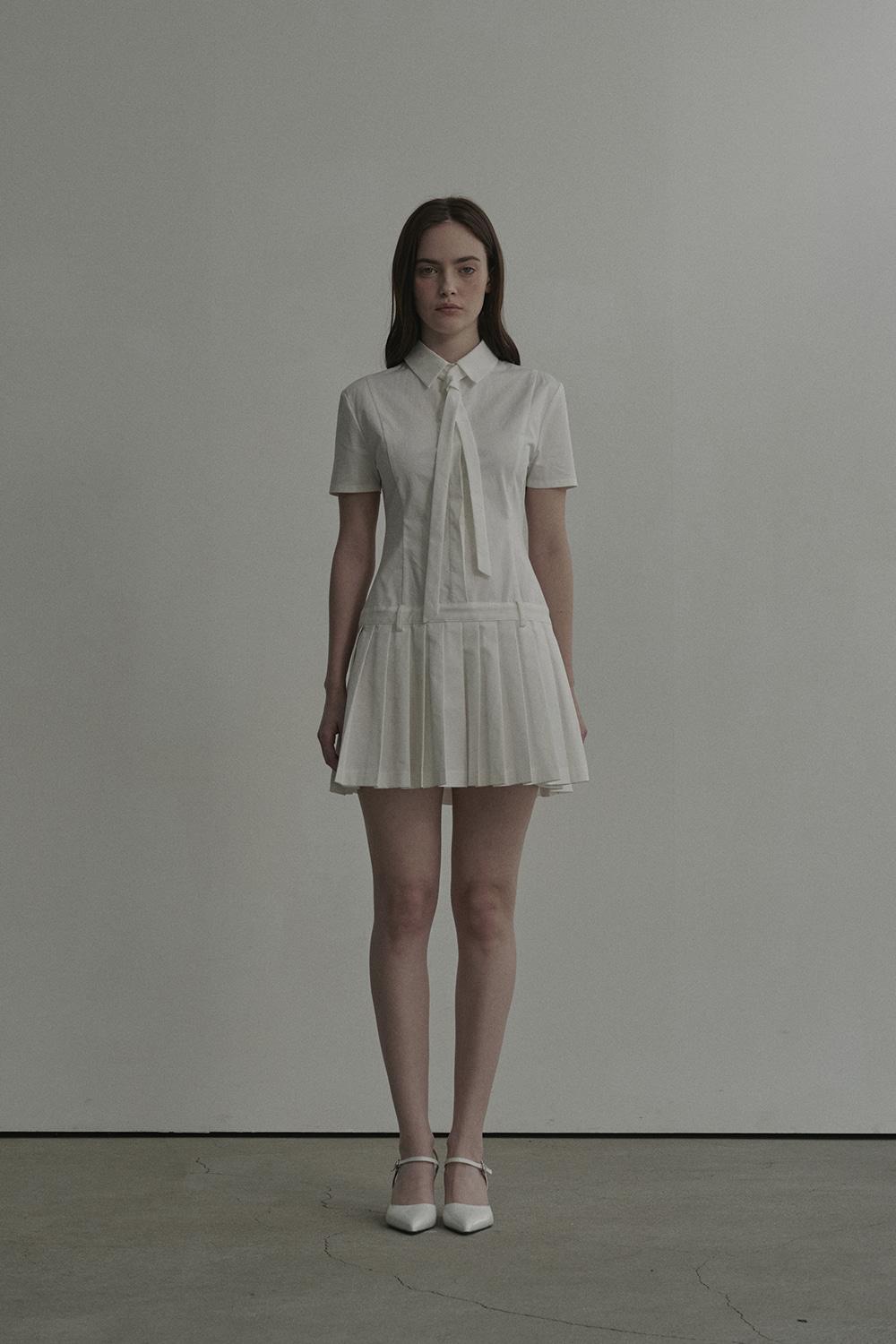 [3월 17일 예약발송] Tie Pleated Shirt Dress-White