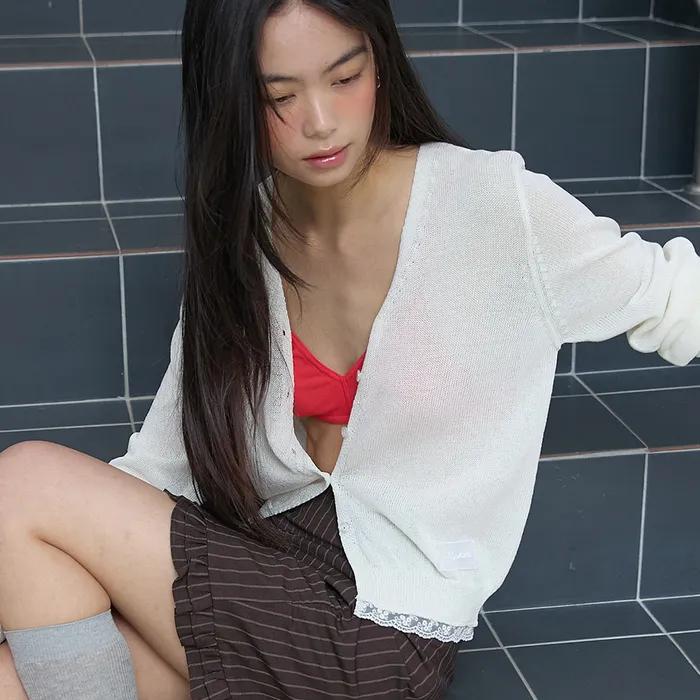Hem Lace Linen Cardigan Ivory