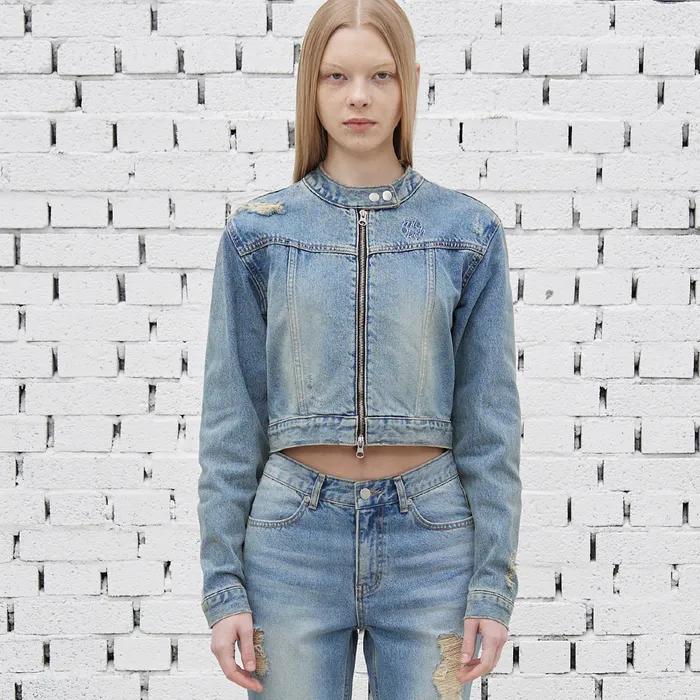WASHED DENIM BIKER JACKET VINTAGE BLUE