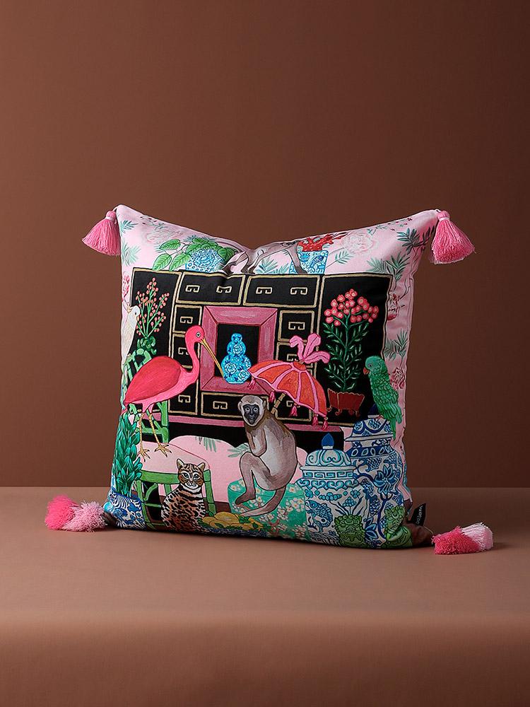 Oriental 버드 몽키 테슬 핑크 쿠션 매장 침실 쇼파 등받이쿠션