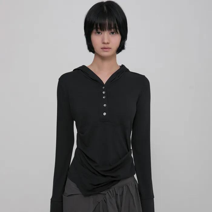 Asymmetrical Draped Hoodie (FL-187_Black)