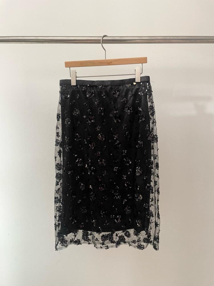 amiment 아미먼트 퓨어 실크 스팽글 레이어드 미디 스커트 3color