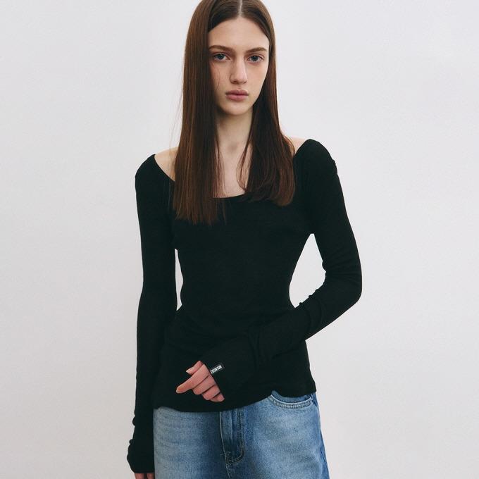 [주말특가]NICOLE MINIMAL LABEL SCOOP LS TOP_BLACK