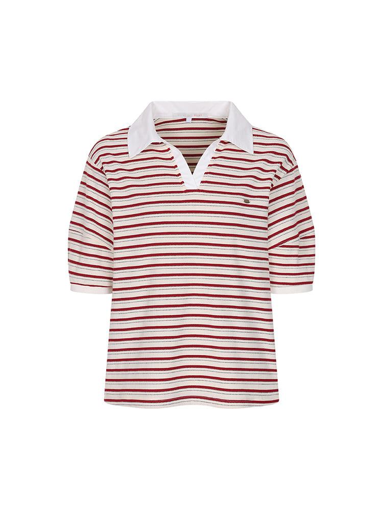 스트라이프 배색 카라넥 티셔츠 OW5ME6530