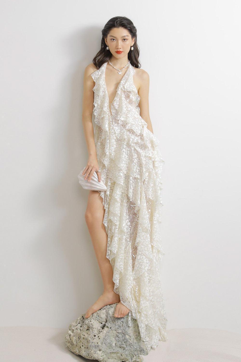 Berry Asymmetric Halter Neck Lace Maxi Dress - XXS / Cream