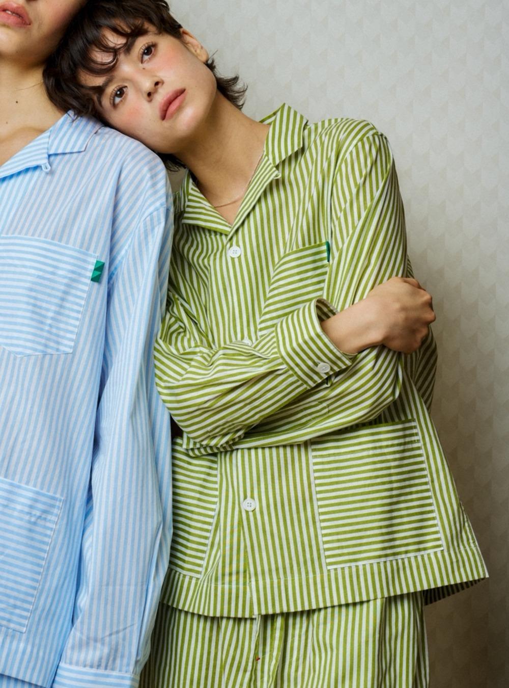 Cotton Stripe Pajamas Long Set Up, Olive