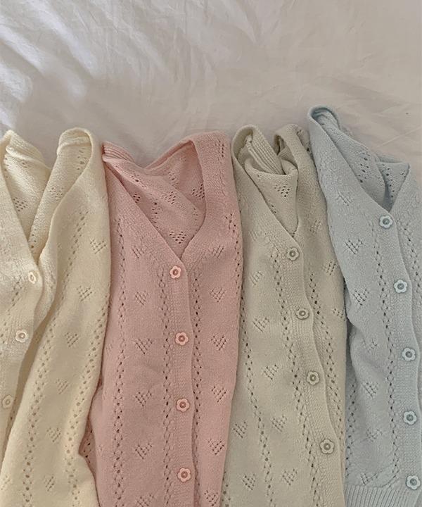 쇼퍼랜드 [기획][봄]하트 펀칭 플라워 버튼 브이넥 니트 가디건 (4color)