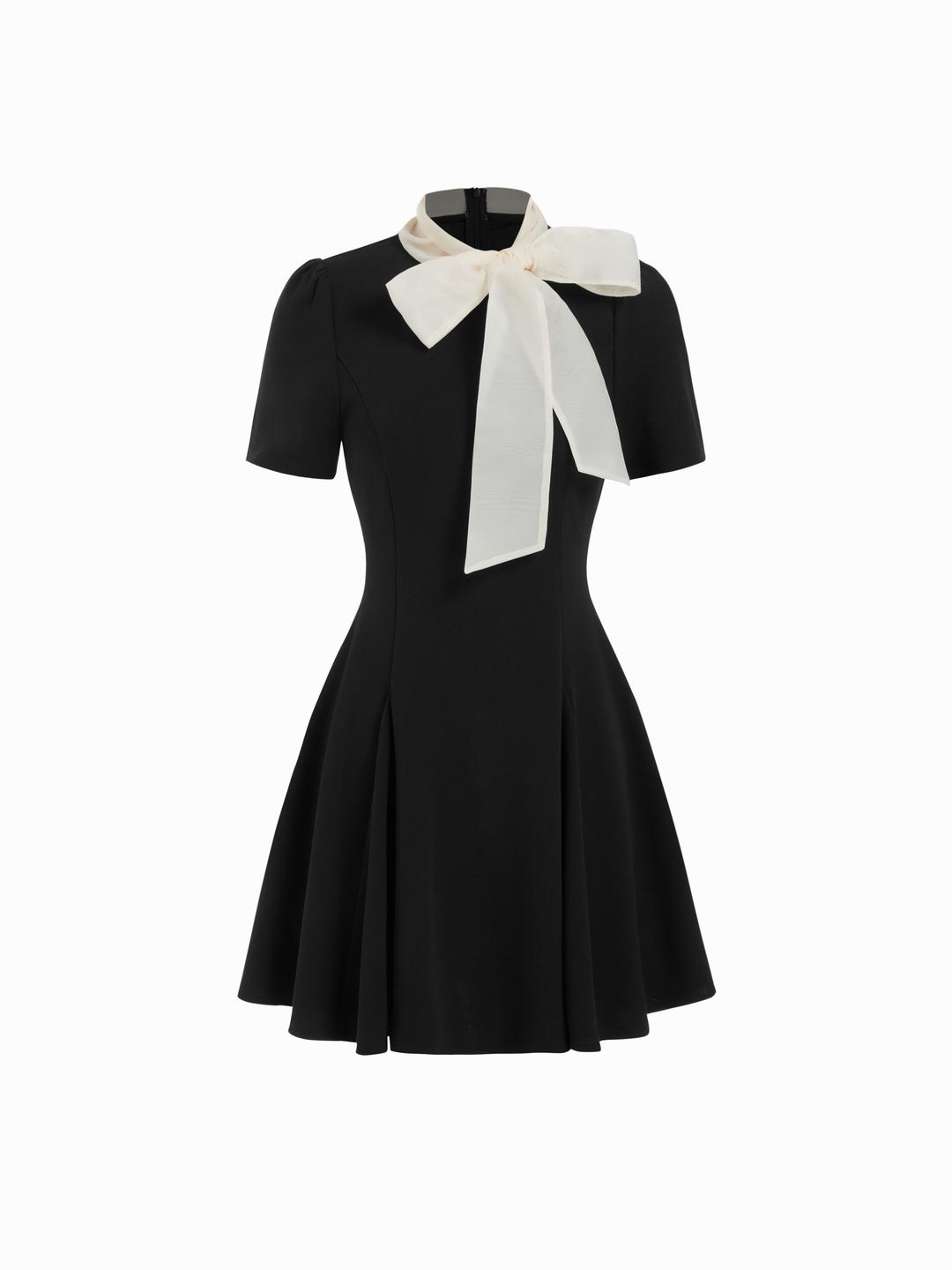 Stand Collar Bowknot Flared Mini Dress