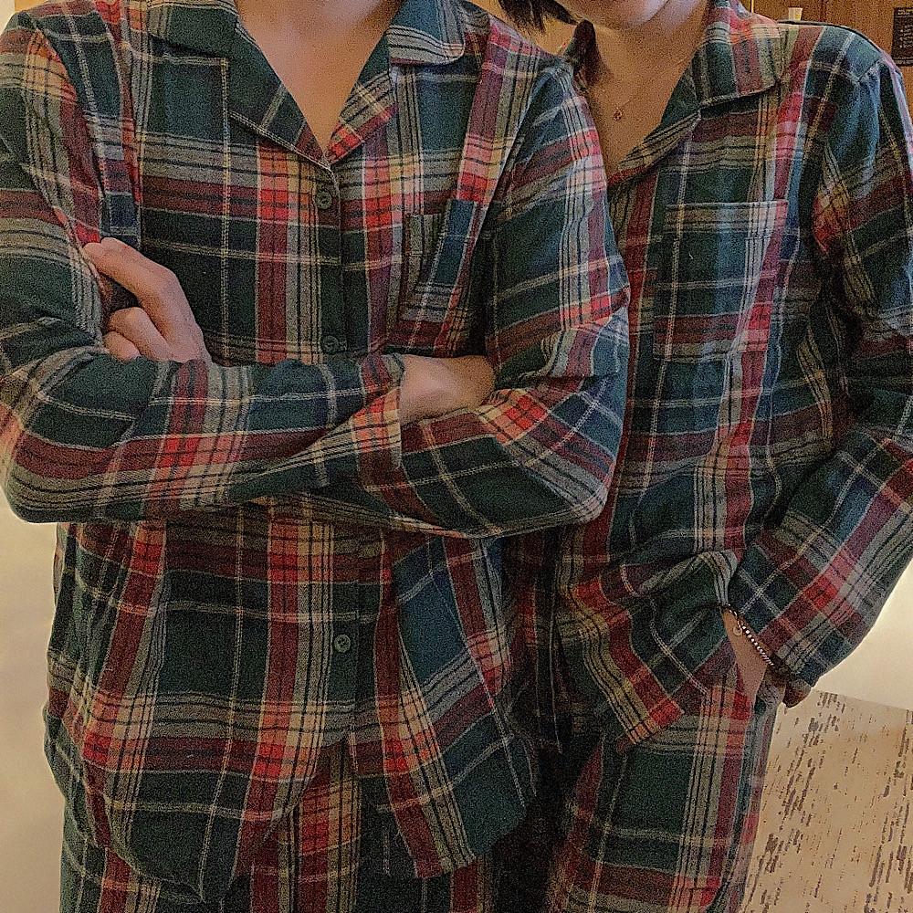 크리스마스 커플 그린 체크 파자마 기모 긴팔 홈웨어 겨울 잠옷 투피스