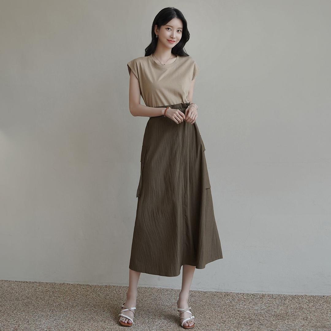 발푸배색 캡소매원피스+벨트SET