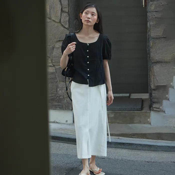 Tuck detail puff blouse_BLACK