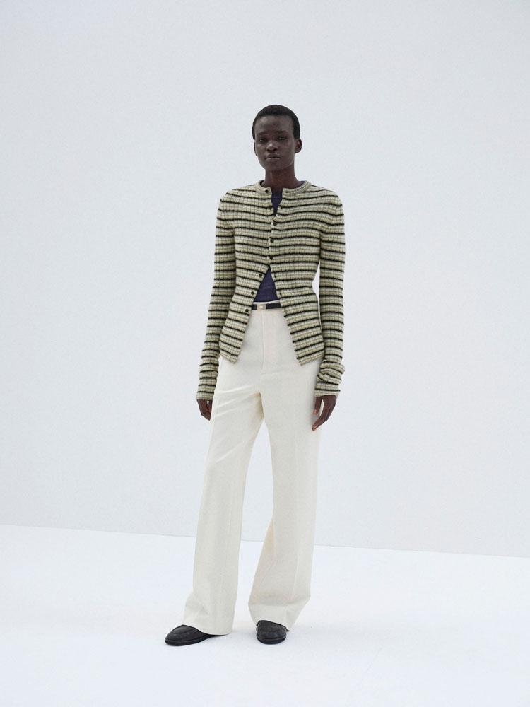 SHETLAND WOOL CASHMERE RIB KNIT CREW-NECK CARDIGAN