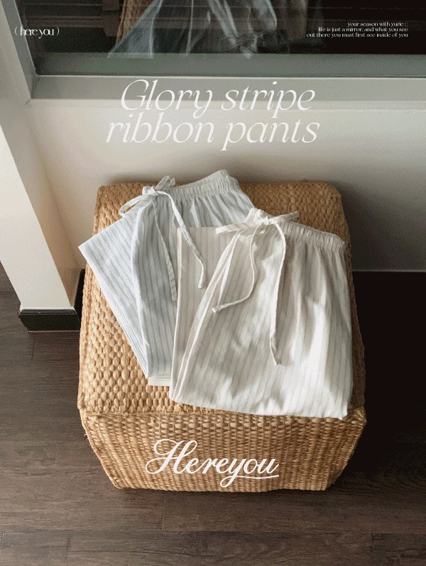 주문폭주👼🏻 [here you] 글로리 스트라이프 리본 pants - 2color (스트라이프팬츠/휴양지룩/바캉스/와이드/밴딩팬츠/여름팬츠)