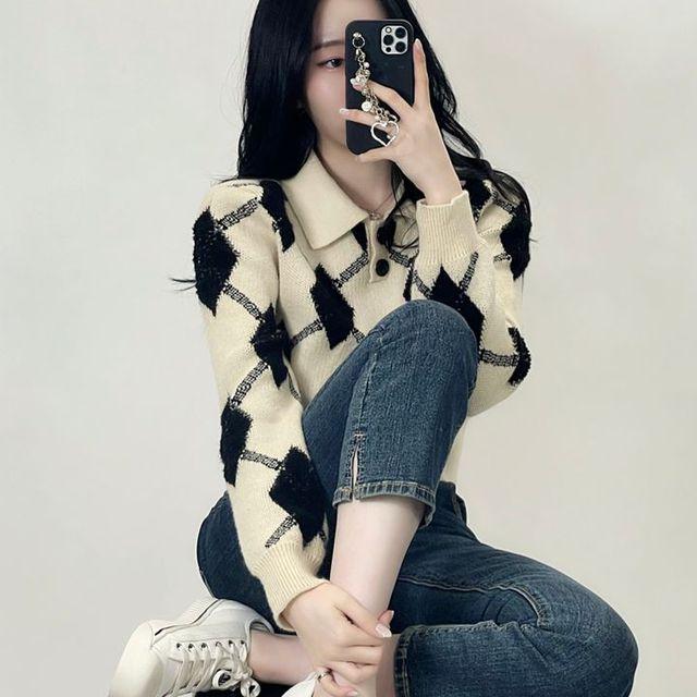 [유니크/3col] 주문폭주 노제 다이아 아가일 카라 크롭 CROP 숏 시보리 긴팔 단추 니트 데일리 트렌디 하이틴 베이직 페미닌 러블리 아가일 카라 니트 (3colors)