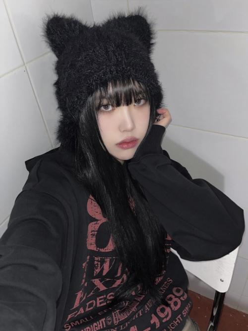 캣 퍼 이어플랩 비니 - 아이보리, 베이지, 차콜, 블랙