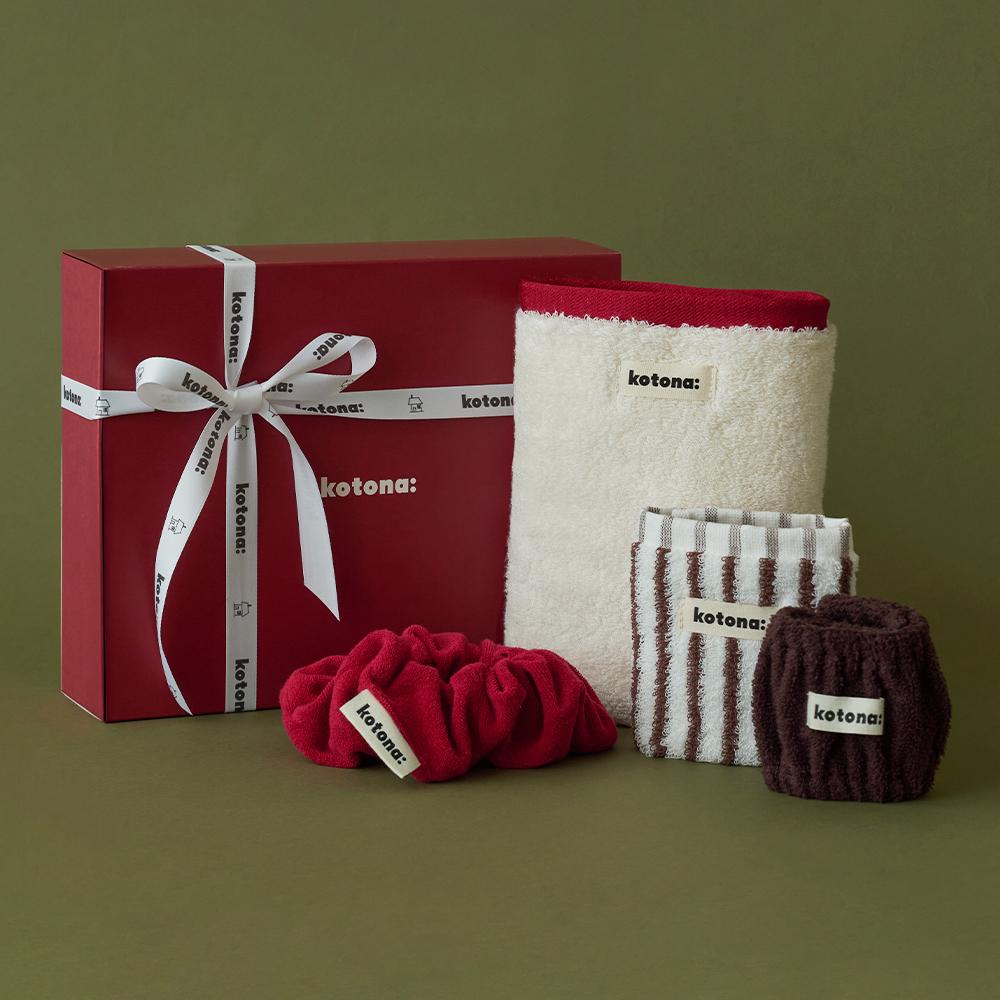 [선물포장] 코토나 인도어 세트(타월 2P+세안밴드+스크런치) 무형광 호텔 수건 감성 타올 선물 추천 친구 홀리데이 겨울