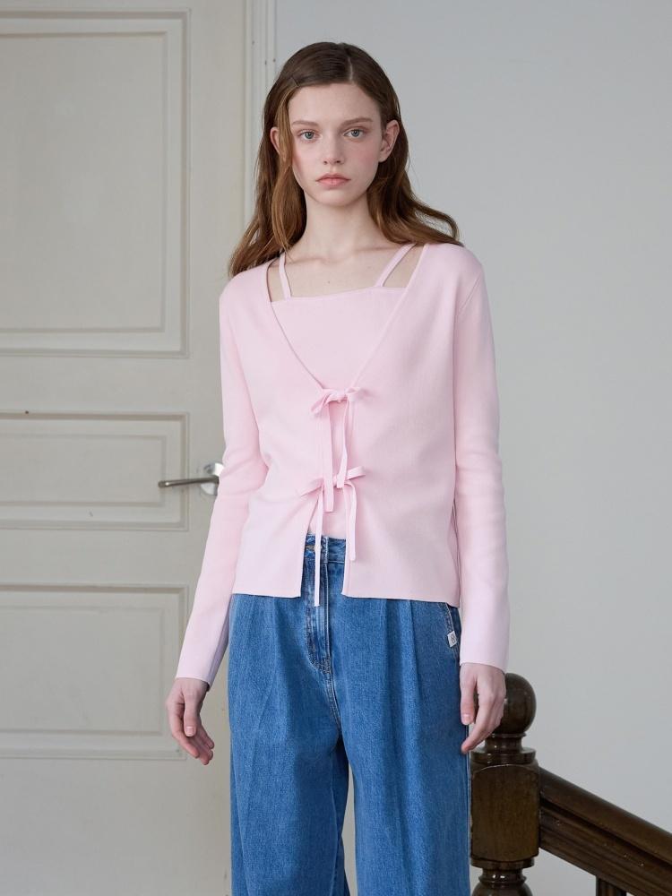 리본 여밈 브이넥 가디건 니트 세트 OK5MD2200