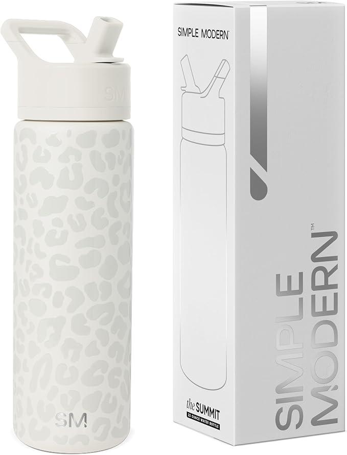 Simple Modern Leopard 빨대 뚜껑이 있는 물병 진공 단열 스테인리스 스틸 금속 컵 병 | 재사용 가능한 누출 방지 BPA 프리 플라스크 | 서밋 컬렉션 | 650ml(22온스), 크림 레오파드