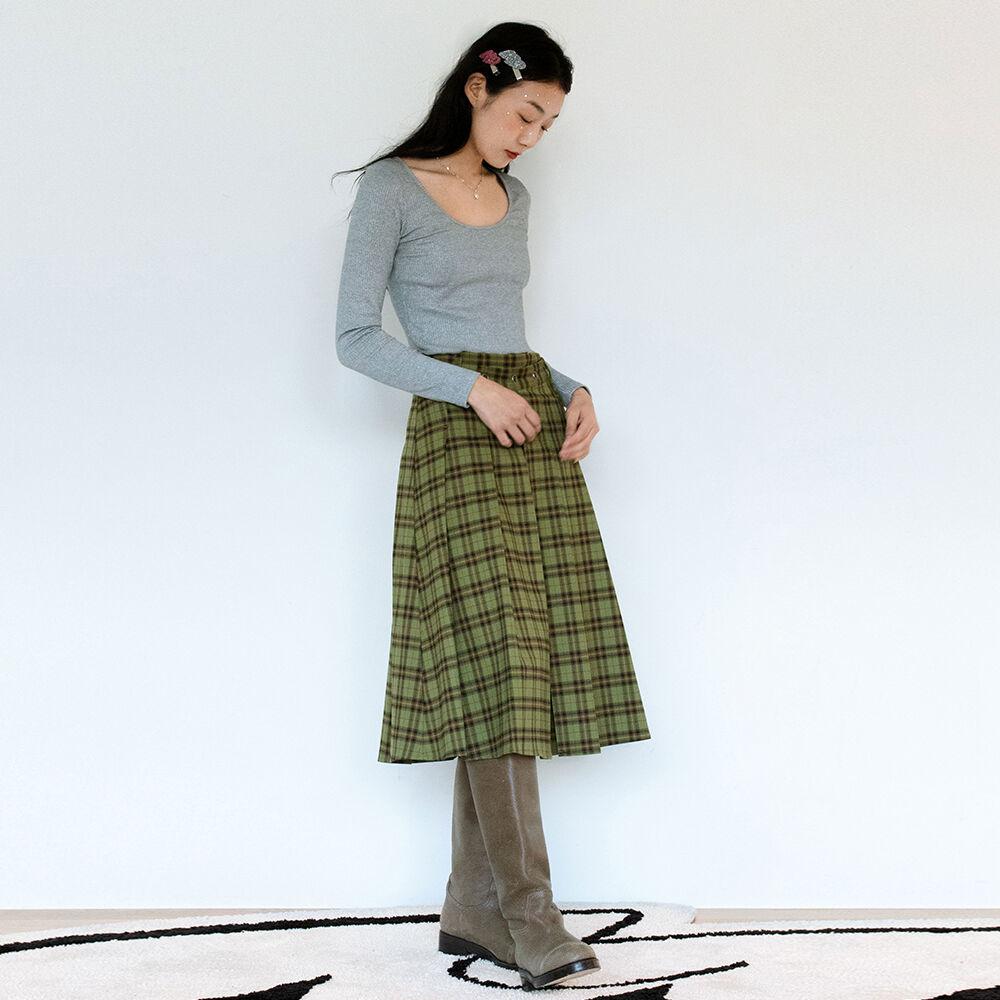CHECK MIDI WRAP SKIRT_GREEN
