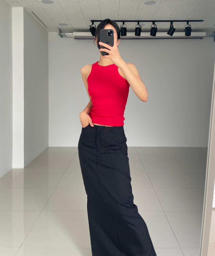 (자체제작) 차밍 슬릿 스트라이프 맥시 스커트 (블랙)