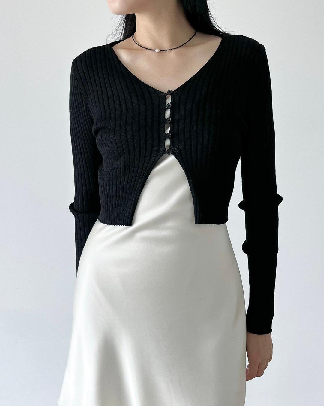 롭 단추 크롭 골지 가디건 [5co]