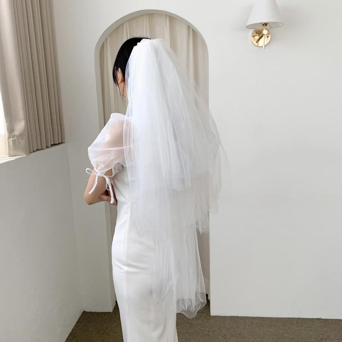 모반디 당일발송) 캉캉 이중 웨딩 베일, 화이트 면사포 셀프웨딩 브라이덜샤워 소품